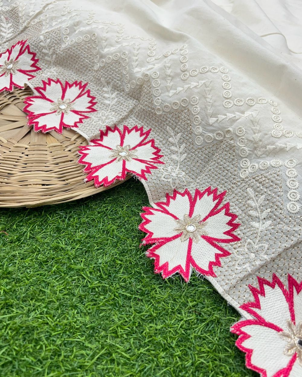Kora Cotton with Cut Work Border Pink Colour 42 Inches Width