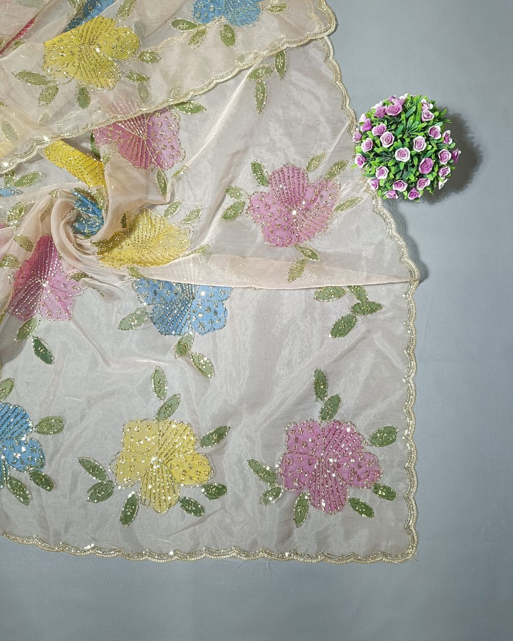 Premium Pure Soft Organza Work Dupatta Peach Pastel Colour 39 Inches Width