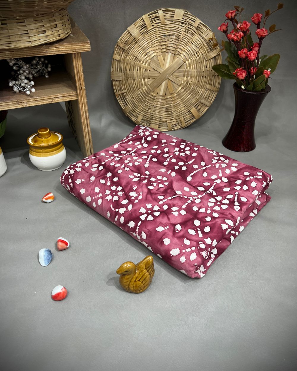 Cotton Hand Blocked Wax Batik Print Onion Pink Colour 44 Inches Width