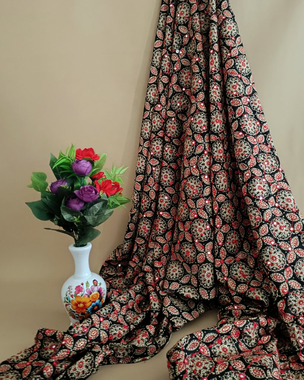 Cotton Abla Work with Foil Black 42 Inches Width
