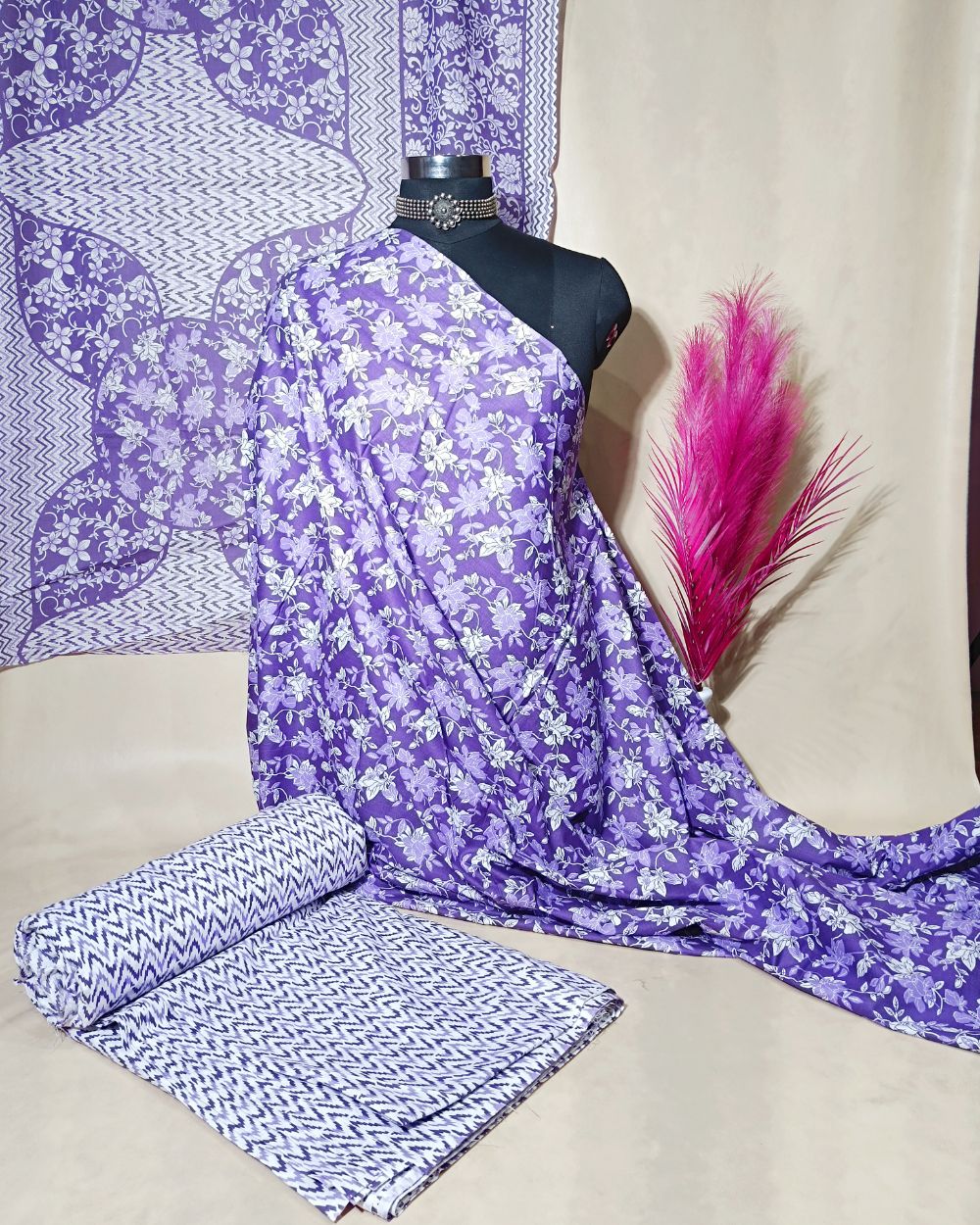 Printed Cotton Unstitched Top-Bottom Set with Dupatta Purple Colour 44 Inches Width