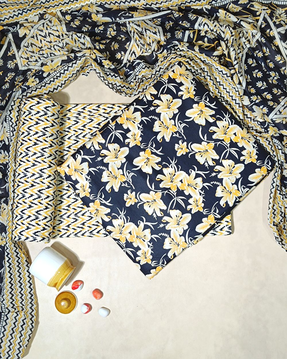 Printed Cotton Unstitched Top-Bottom Set with Dupatta Black Colour 44 Inches Width