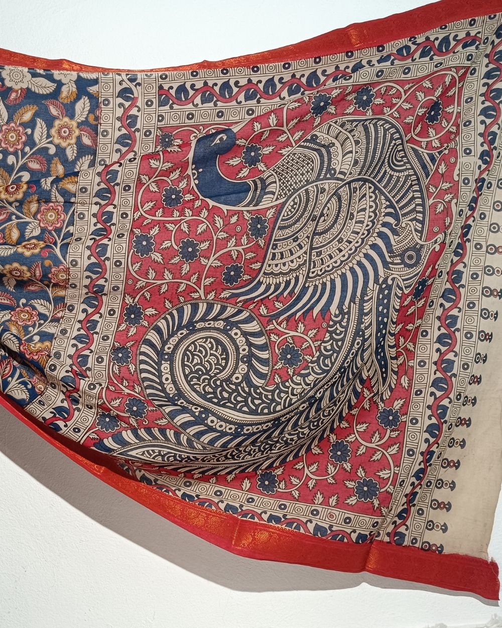 Hand Block Printed Cotton Kalamkari Saree with Blouse Piece Blue Colour 46 Inches Width