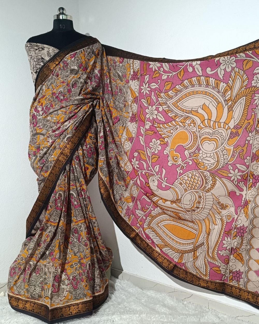 Hand Block Printed Cotton Kalamkari Saree with Blouse Piece Mustard Yellow Colour 46 Inches Width