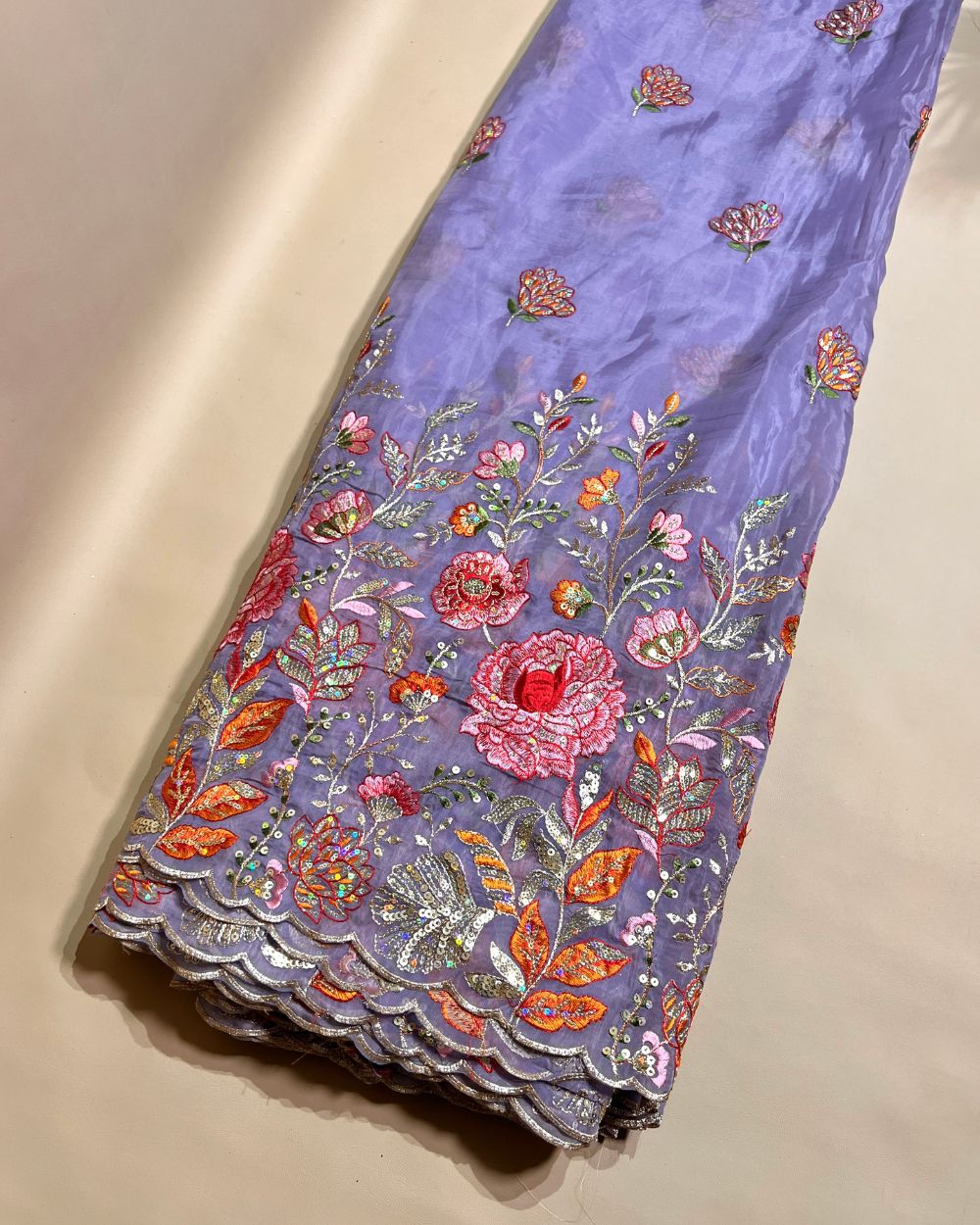 Premium Pure Soft Organza with Border Work Lavender Colour 42 Inches Width