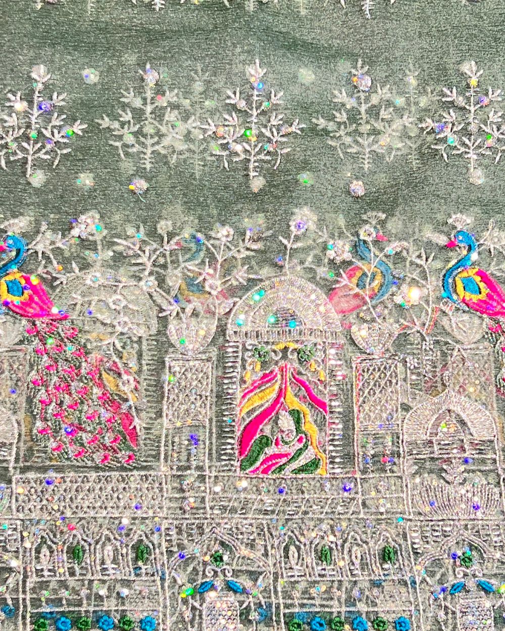 Premium Organza Crush Work Dusty Green Colour 42 Inches Width