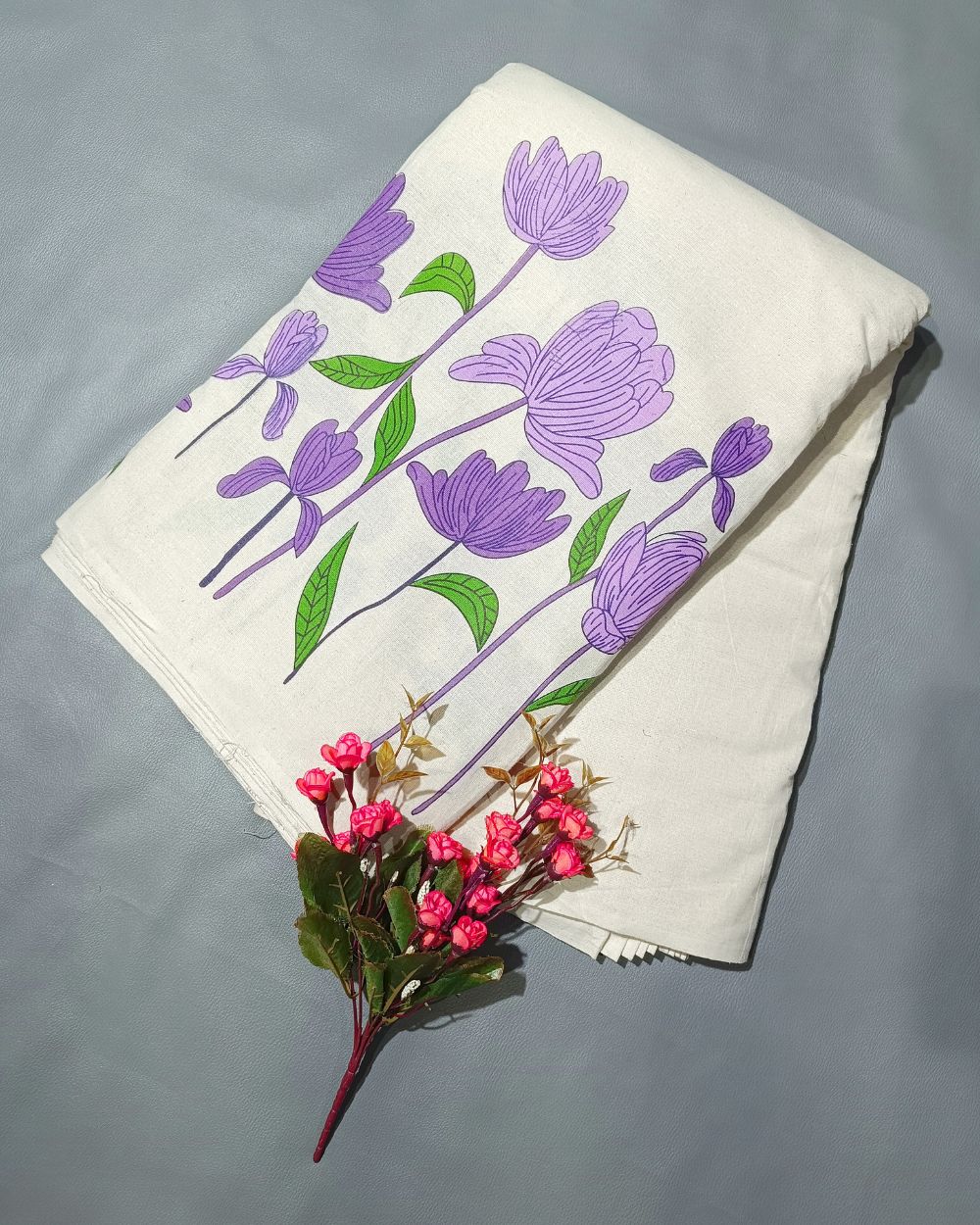 Printed Khadi Cotton with Border Lavender Colour 42 Inches Width