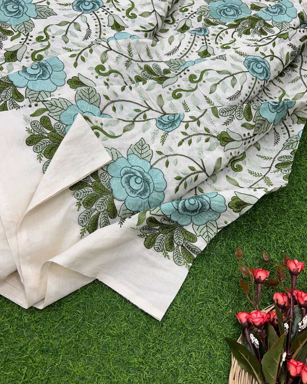 Kora Cotton Work Sky Blue Colour 45 Inches Width