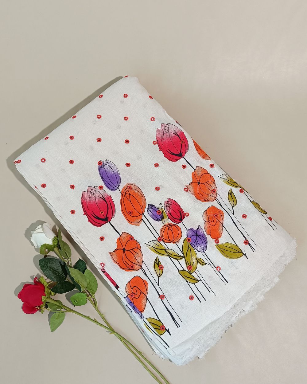 Khadi Cotton Abla Work with Border Orange Colour 42 Inches Width