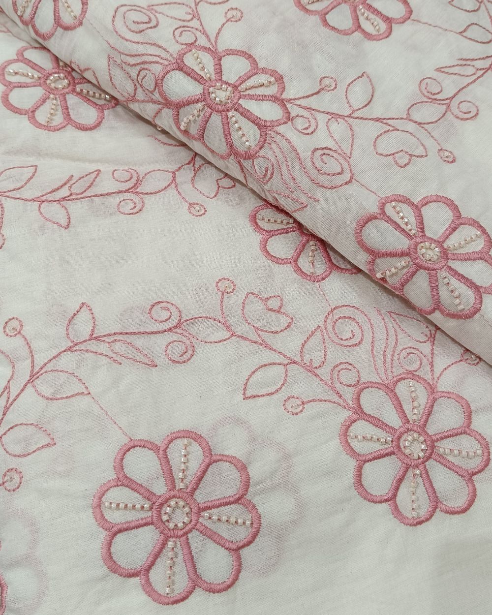 Kora Cotton Moti Work Peach Pink Colour 45 Inches Width