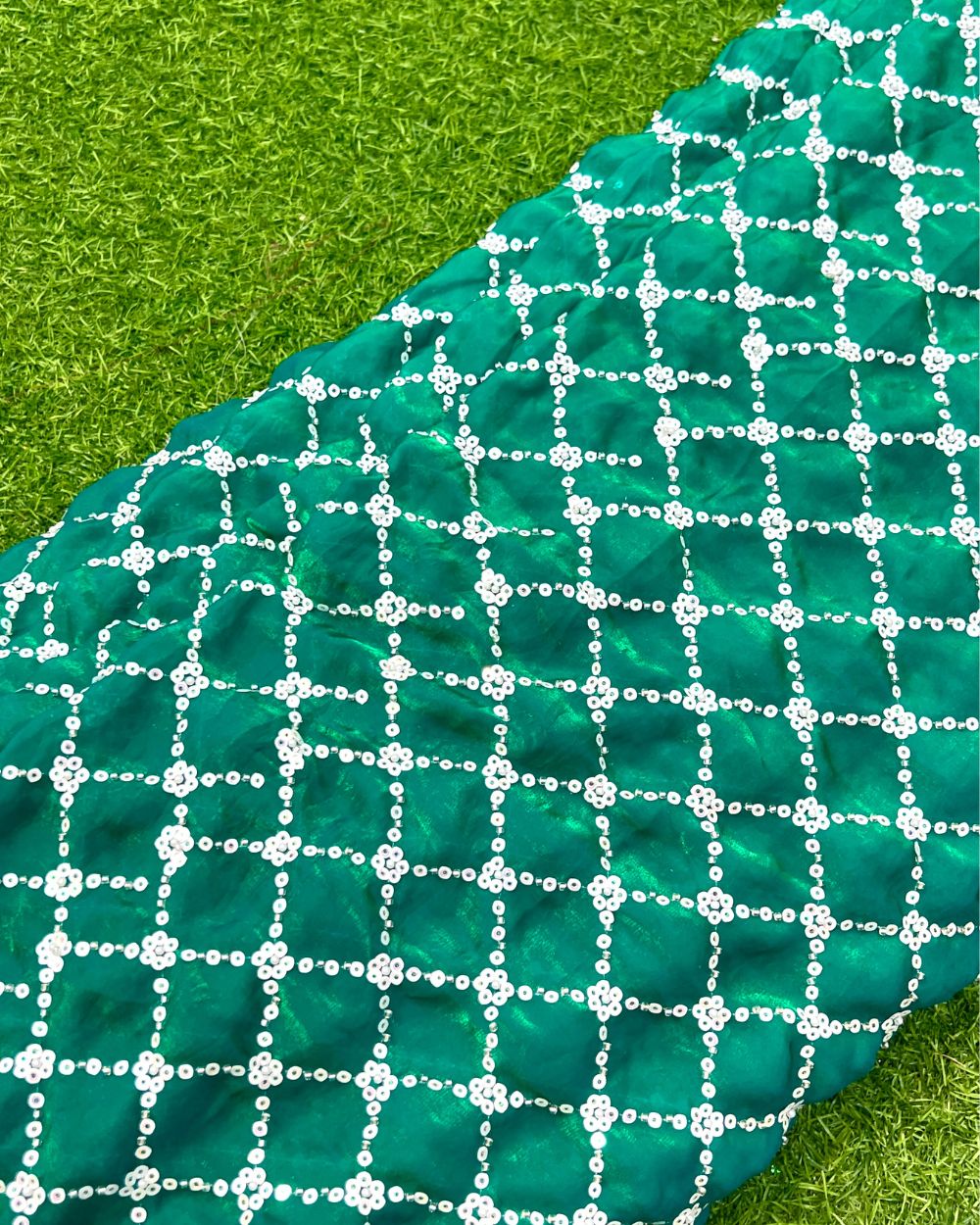 Space Silk Work Peacock Green Colour 42 Inches Width