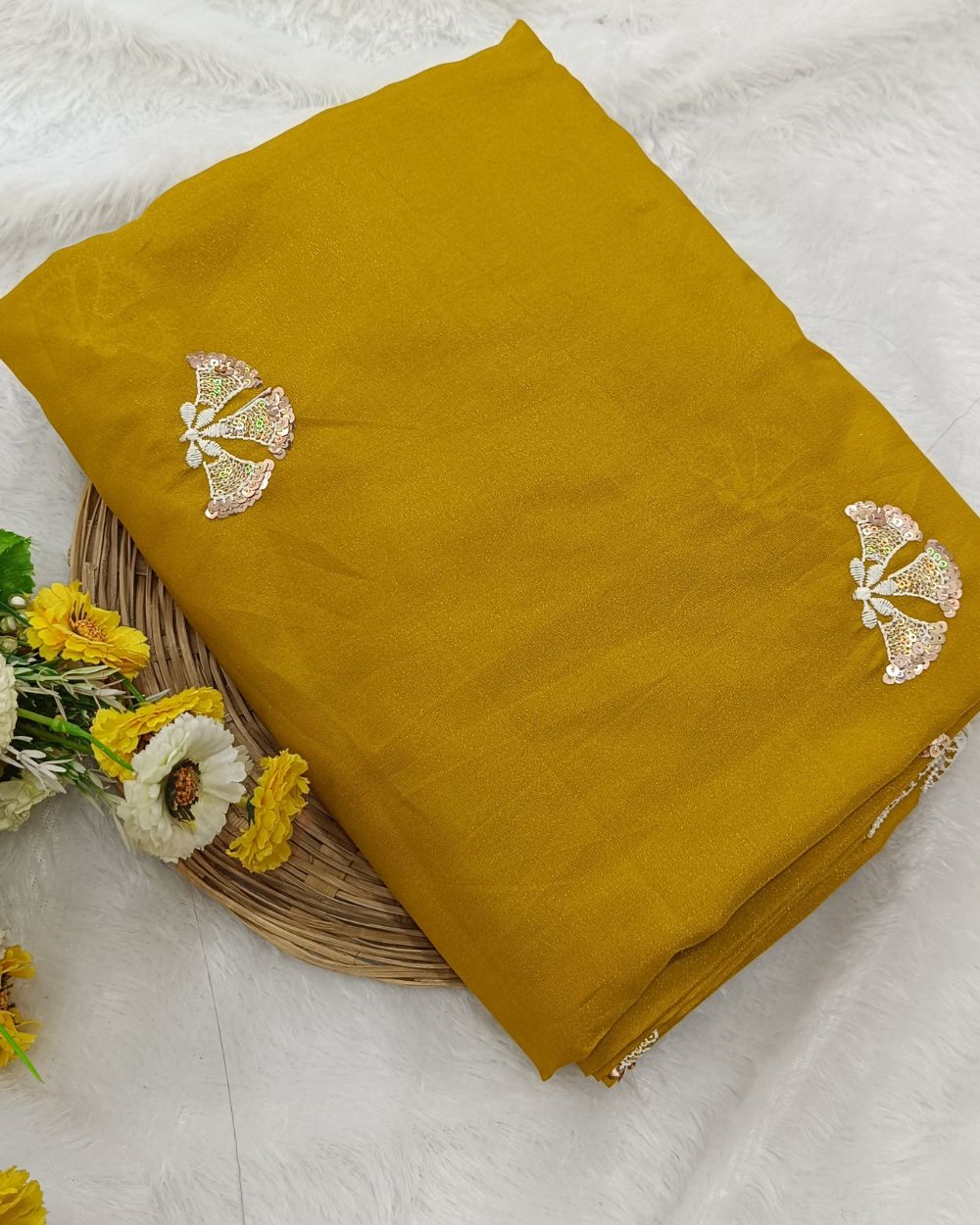Art Silk with Cut Work Border Mustard Yellow Colour 38 Inches Width