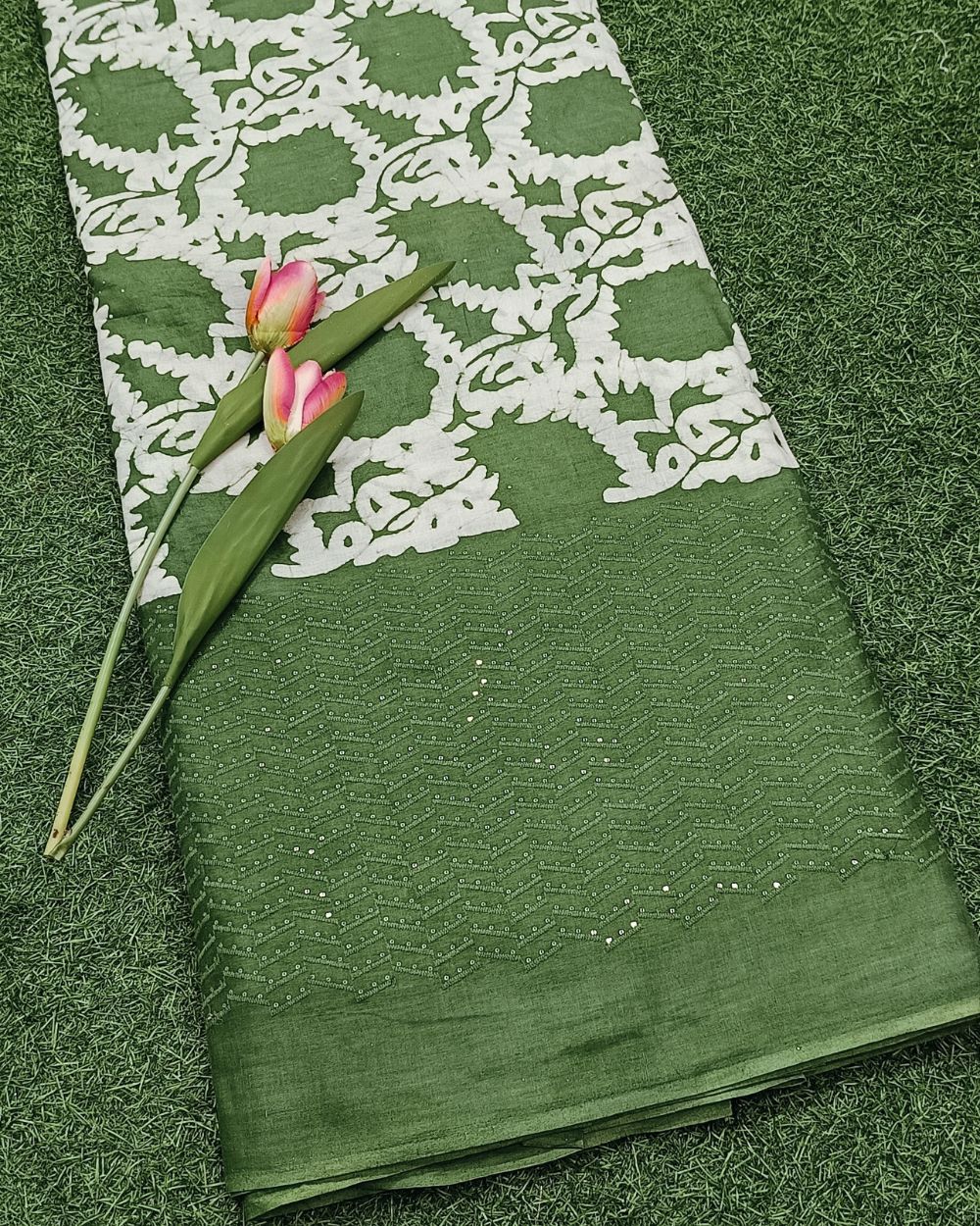 Cotton Border Work Leaf Green Colour 40 Inches Width