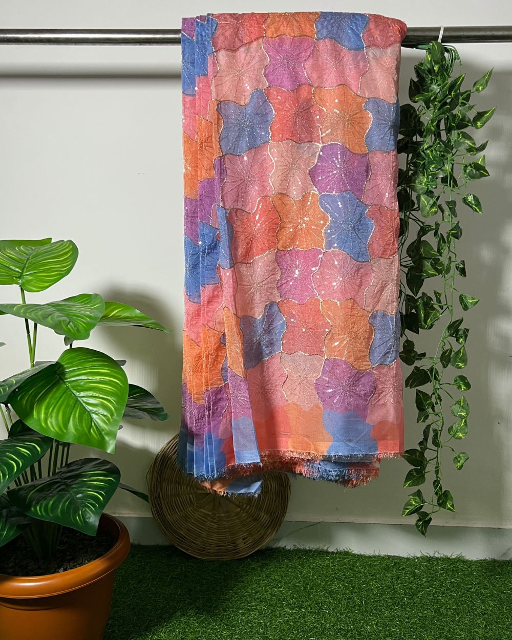 Position Print with Sequin Embroidery on Premium Organza Multicolor 42 Inches Width