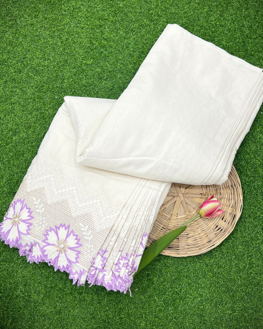Kora Cotton with Cut Work Border Lavender Colour 42 Inches Width