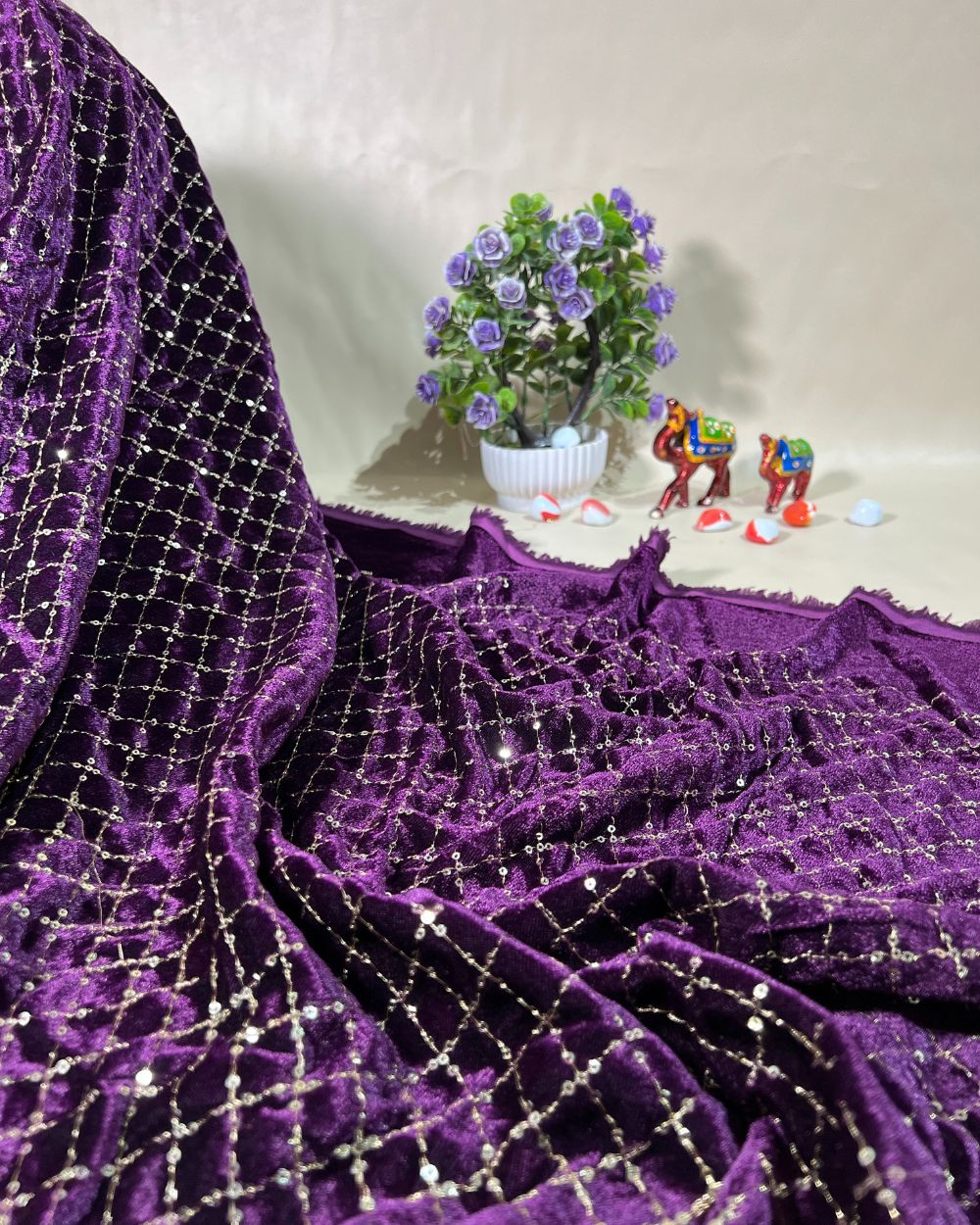 Velvet Work Purple Colour 42 Inches Width