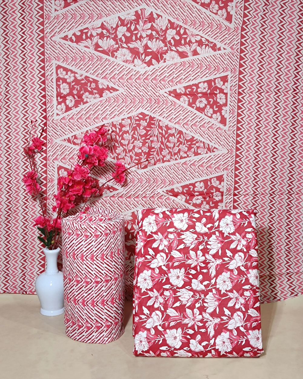 Printed Cotton Unstitched Top-Bottom Set with Dupatta Dusty Red Colour 44 Inches Width