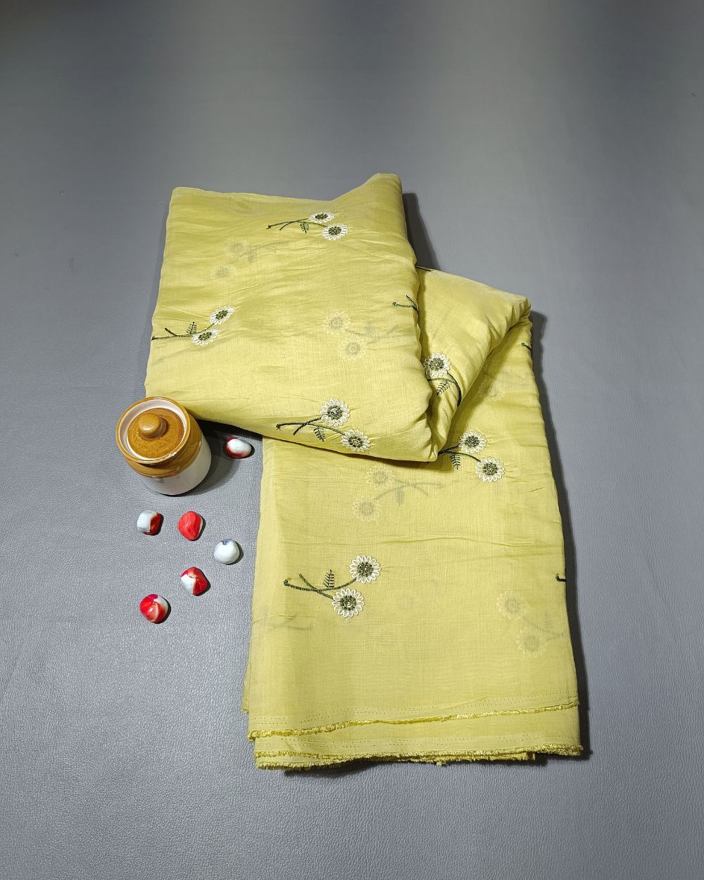 Chanderi Mal Cotton with Thread Work Lemon Green Colour 43 Inches Width