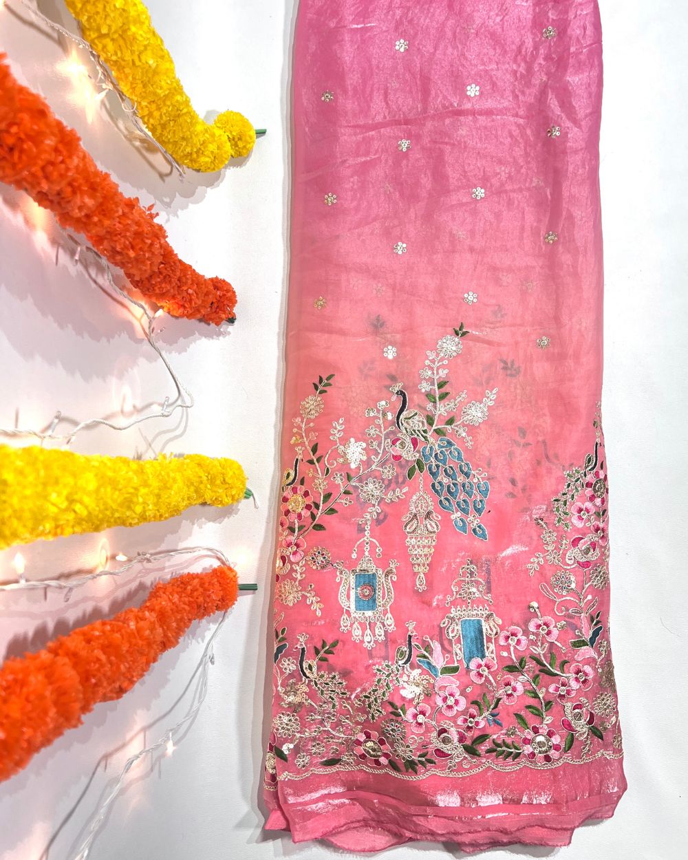 Shaded  Space Silk with Border Work Peach Pink Colour 46 Inches Width