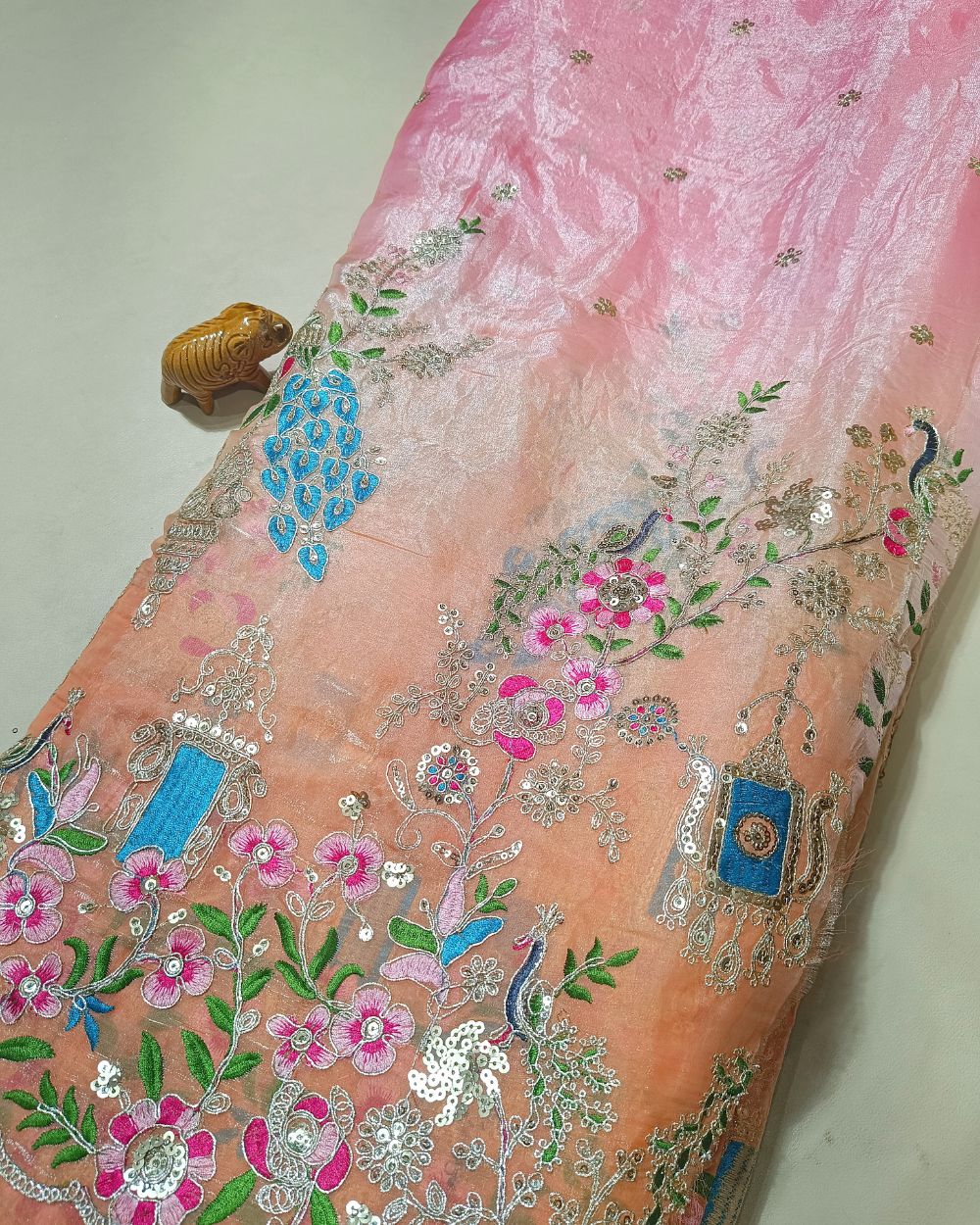 Shaded Space Silk with Border Work Peach Pink Colour 45 Inches Width