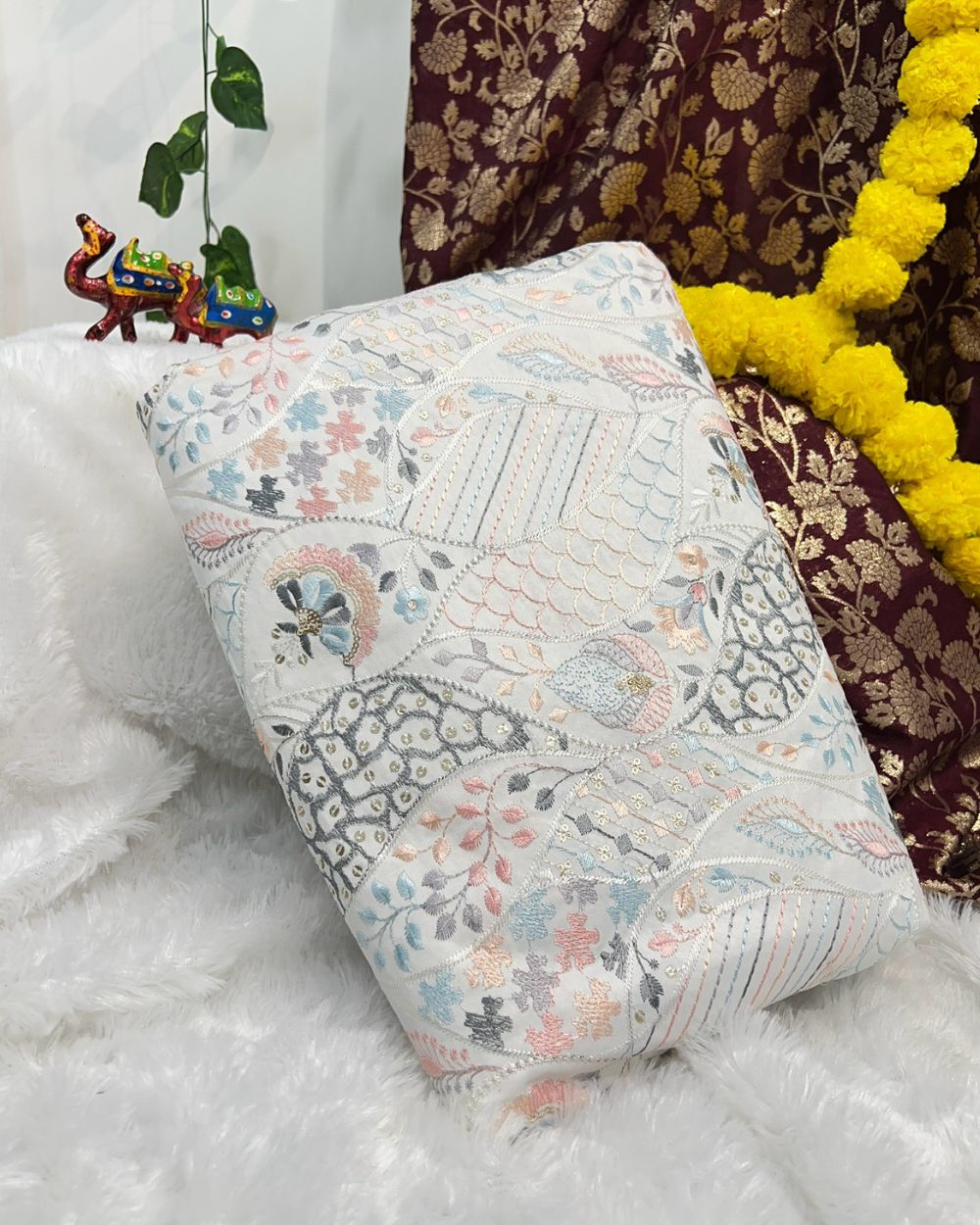 Malai Silk Work White Colour 42 Inches Width