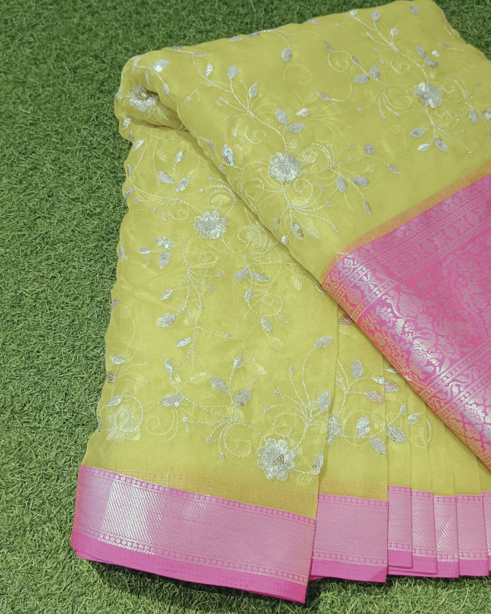 Organza with Border Work Lemon Yellow Colour 42 Inches Width