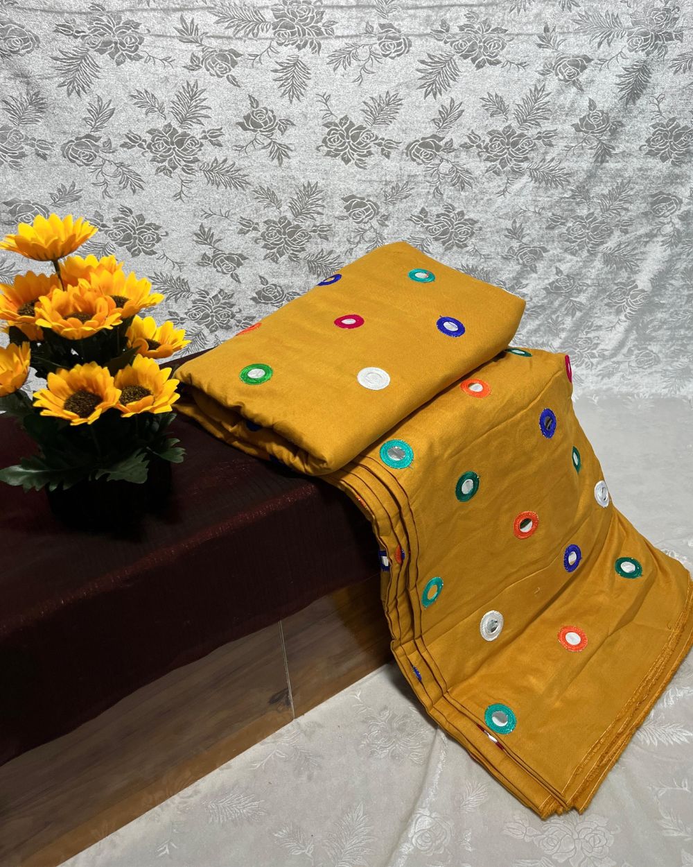 Rayon Gamthi(Rajasthani) Work Golden Yellow (Multicolor) 44 Inches Width