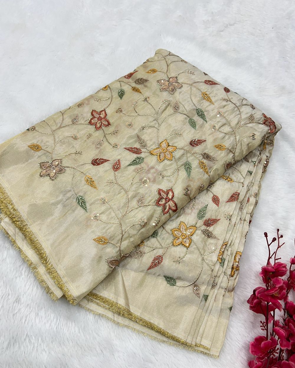 Cosmos Golden Colour fabric with Multicolor Floral Work 42 Inches Width
