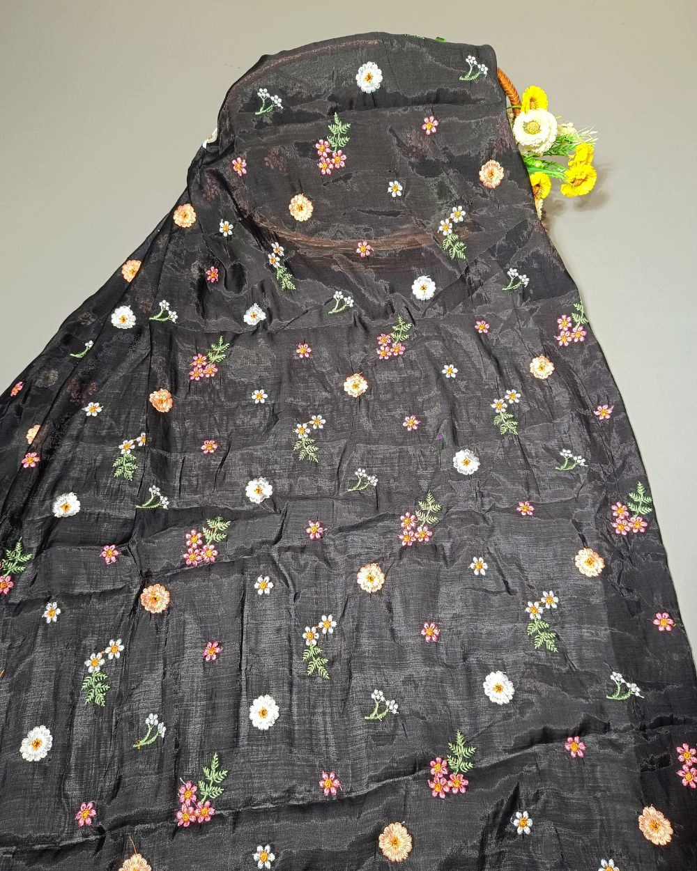 Chanderi Mal Cotton with Thread Work Black Colour 43 Inches Width