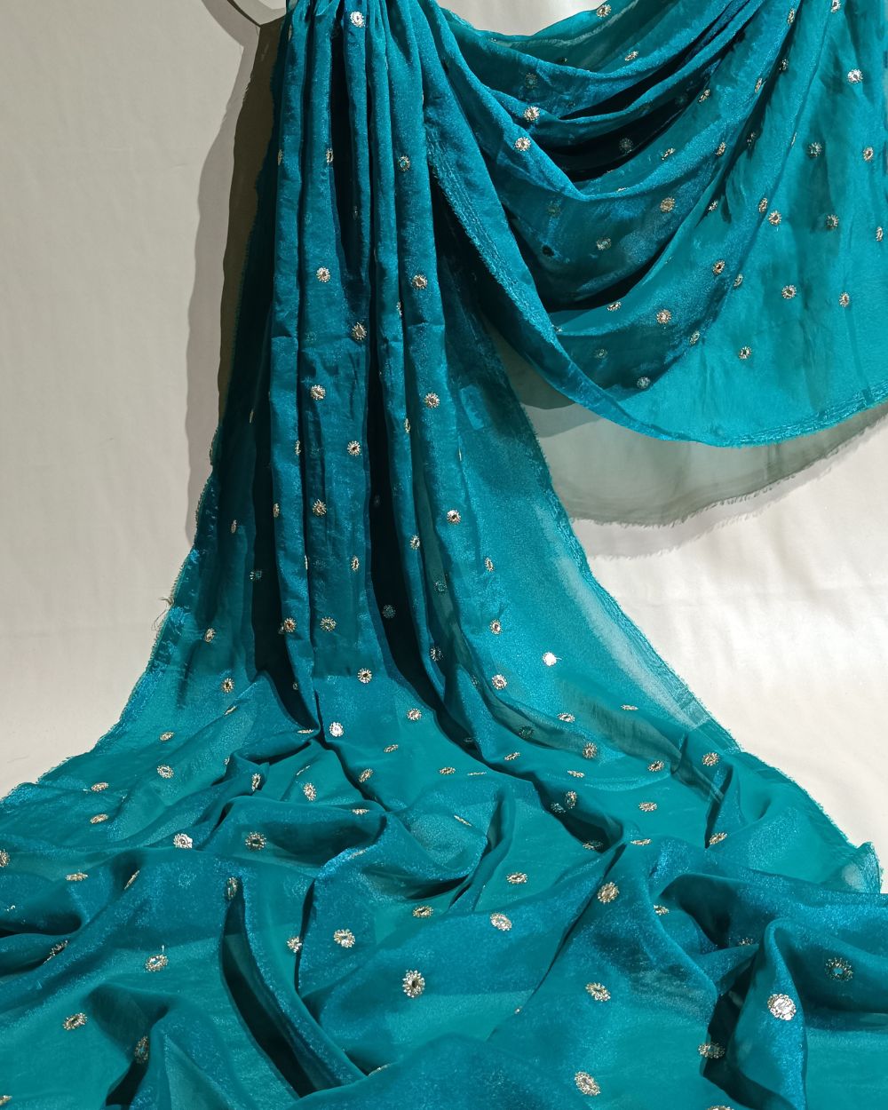 Premium NC Moss with Butti Work Dark Firozi Colour 44 Inches Width