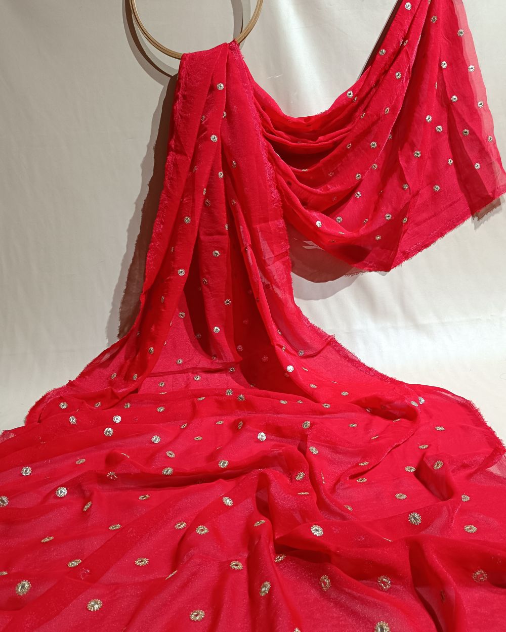 Premium NC Moss with Butti Work Red Colour 44 Inches Width