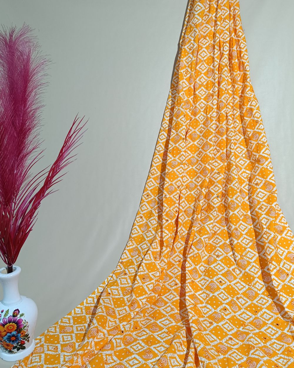 Cotton Abla Work Mango Yellow Colour 44 Inches Width