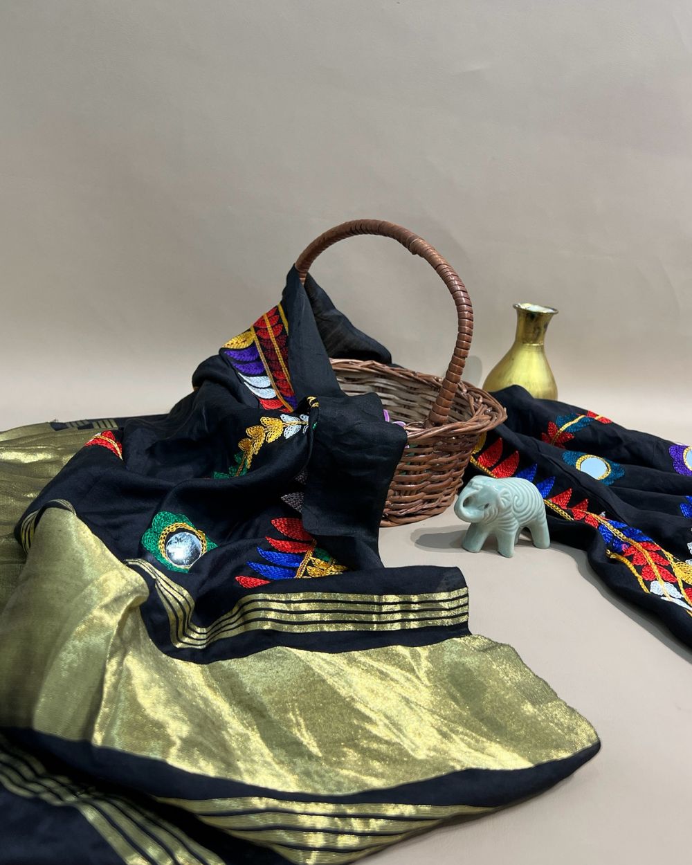 Abla Work Lagdi Patta Dupatta Art Silk Black Colour 40 Inches Width