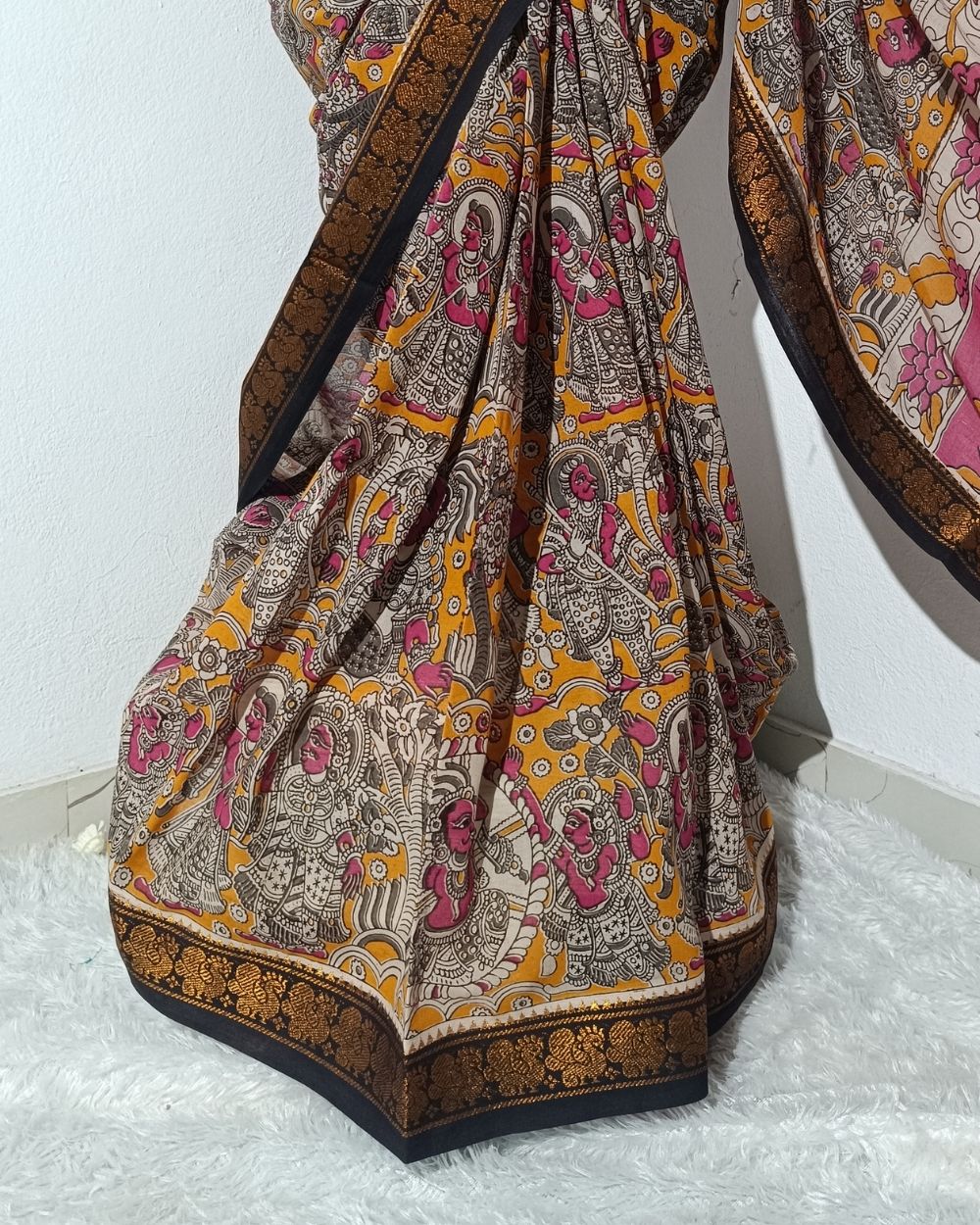 Hand Block Printed Cotton Kalamkari Saree with Blouse Piece Mustard Yellow Colour 46 Inches Width