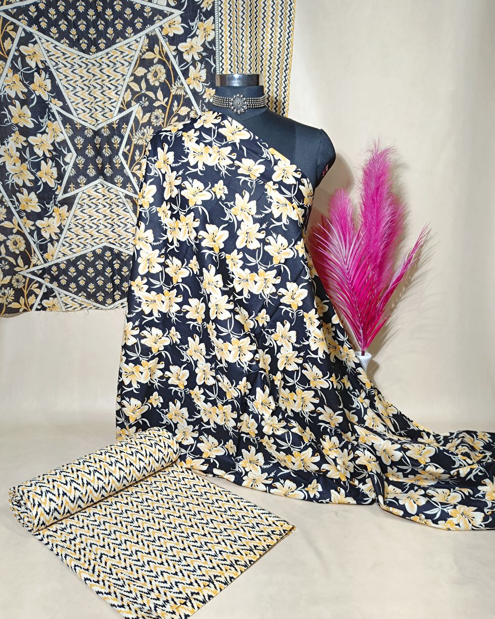 Printed Cotton Unstitched Top-Bottom Set with Dupatta Black Colour 44 Inches Width