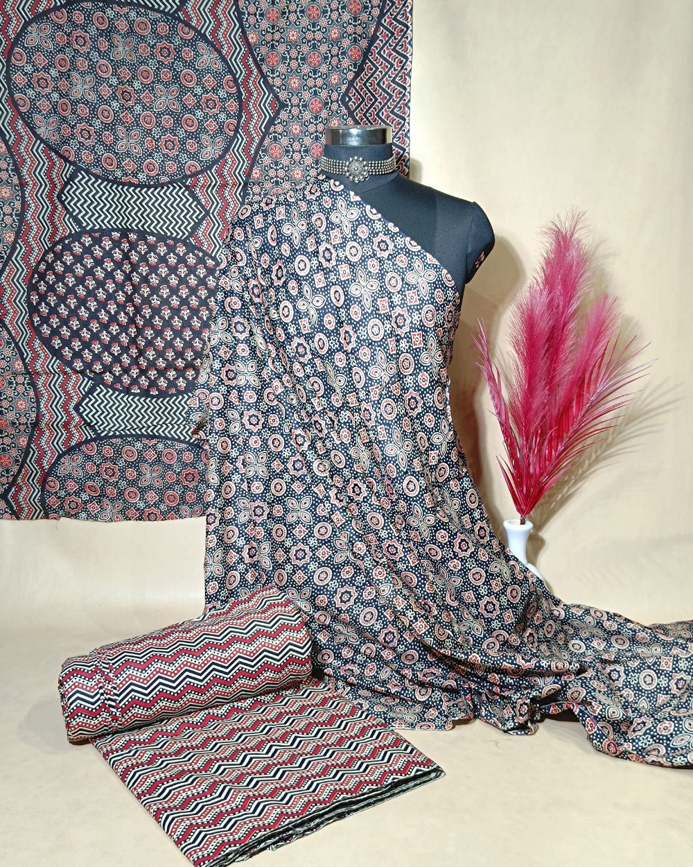 Printed Cotton Unstitched Top-Bottom Set with Dupatta Black Colour 44 Inches Width