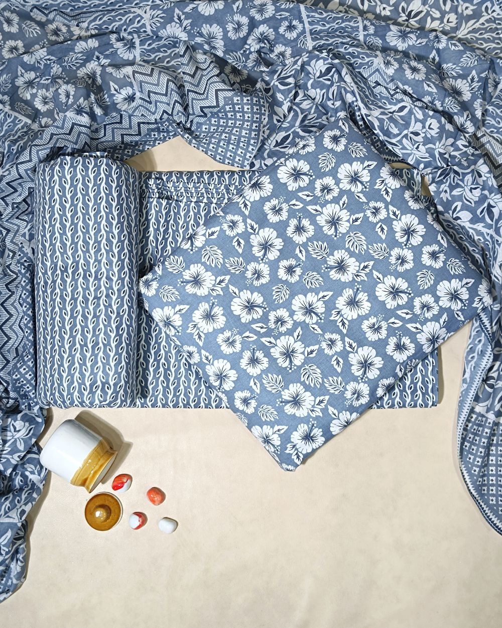 Printed Cotton Unstitched Top-Bottom Set with Dupatta Grey Colour 44 Inches Width