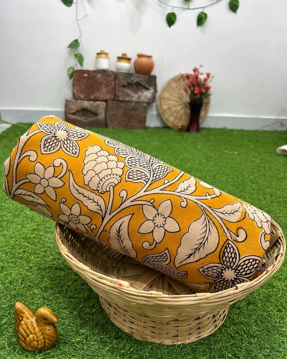 Hand Block Printed Cotton Kalamkari Yellow Colour 47 Inches Width