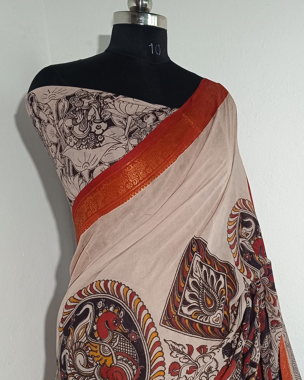 Hand Block Printed Cotton Kalamkari Saree with Blouse Piece Ivory Colour 46 Inches Width