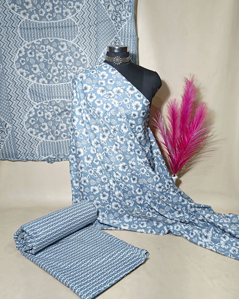 Printed Cotton Unstitched Top-Bottom Set with Dupatta Grey Colour 44 Inches Width