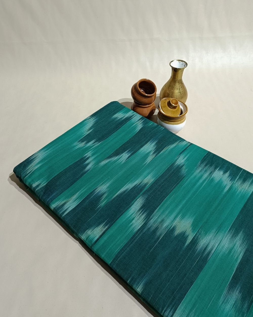 Woven Pure Cotton Ikat Peacock Green Colour 42 Inches Width