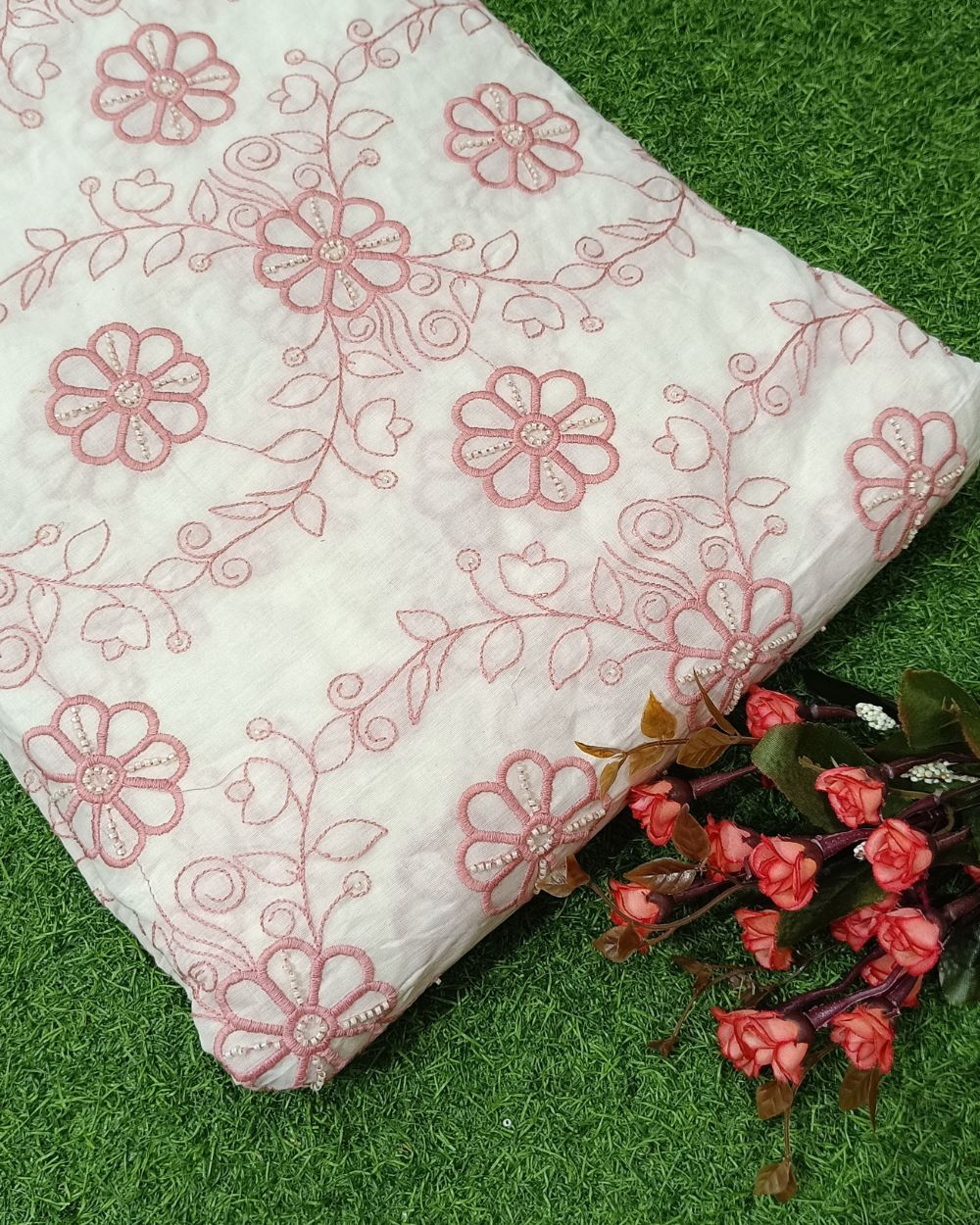 Kora Cotton Moti Work Peach Pink Colour 45 Inches Width
