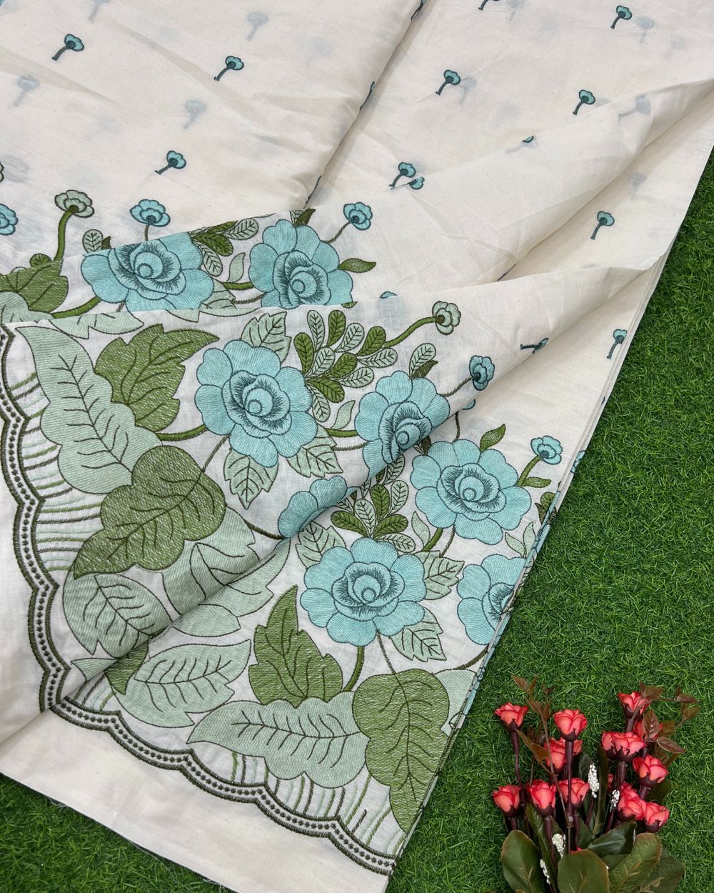 Kora Cotton Border Work Pastel Sky Blue Colour 45 Inches Width