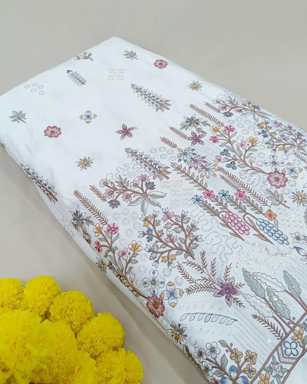 Malai Silk Work White Colour 56 Inches Width