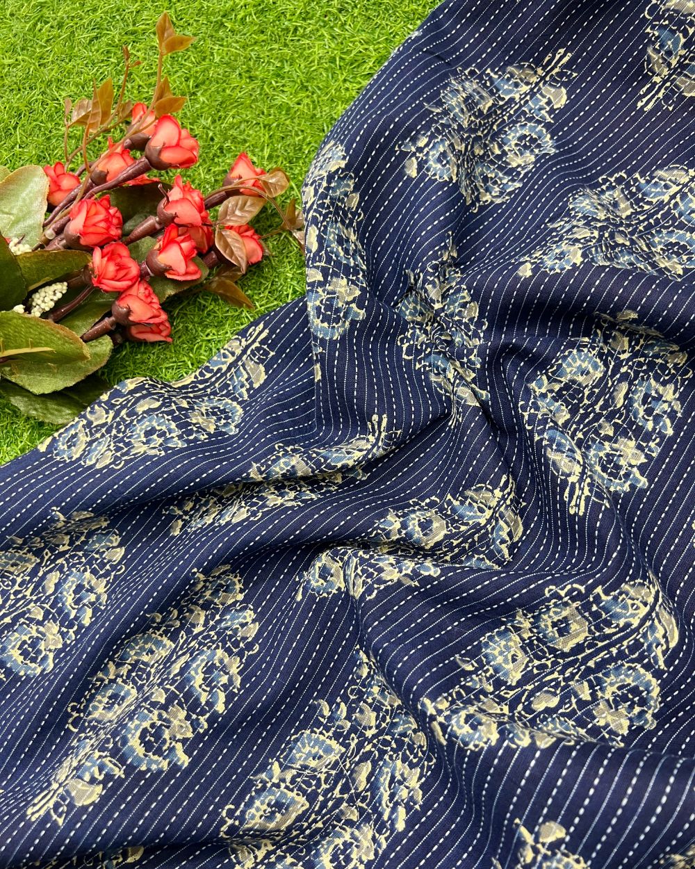 Printed Cotton Kantha Work Navy Blue Colour 44 Inches Width