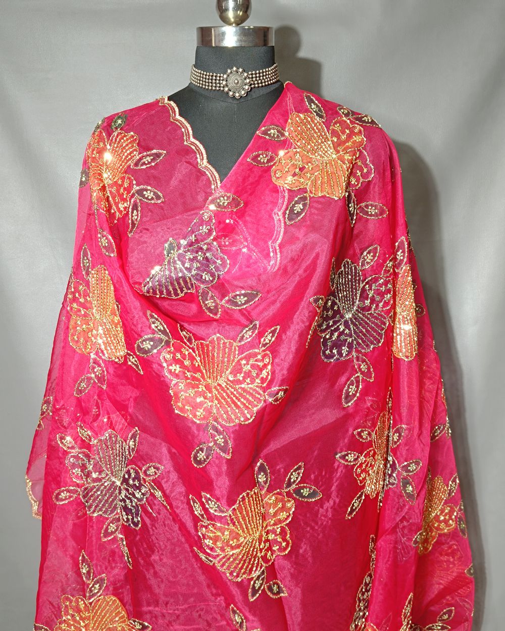 Premium Pure Soft Organza Work Dupatta Rani Pink Colour 39 Inches Width