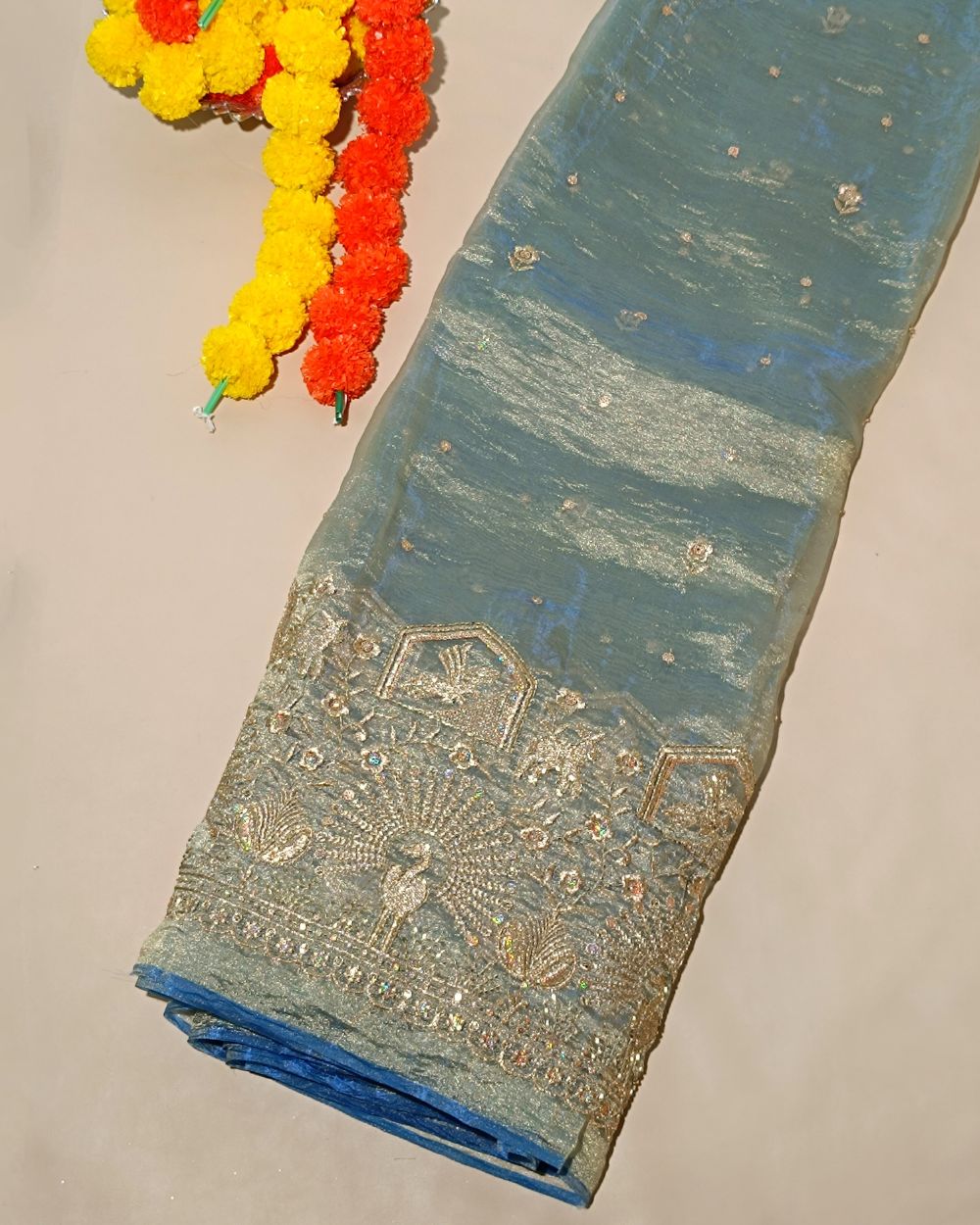 Hiranya with Border Work Pastel Pista Colour 44 Inches Width