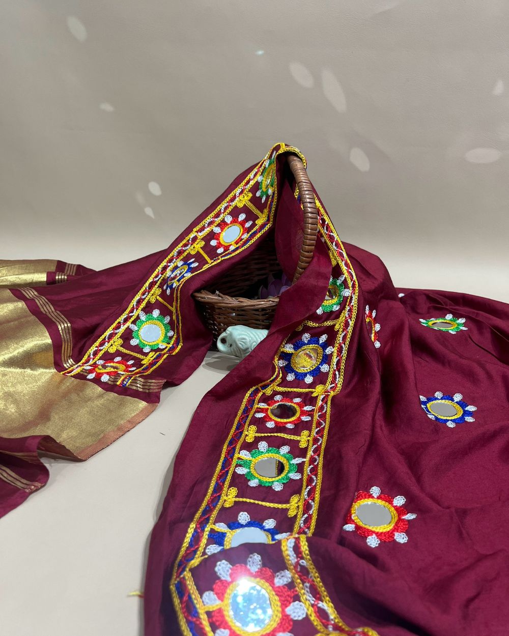 Abla Work Lagdi Patta Dupatta Art Silk Maroon Colour 42 Inches Width