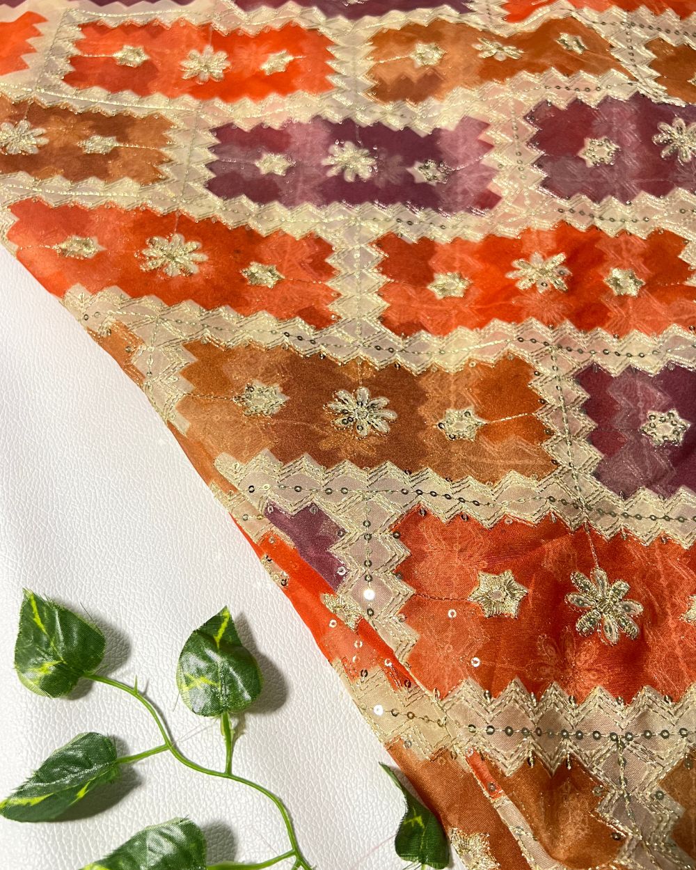 Position Print with Sequin Embroidery on Premium Organza Orange Colour 48 Inches Width