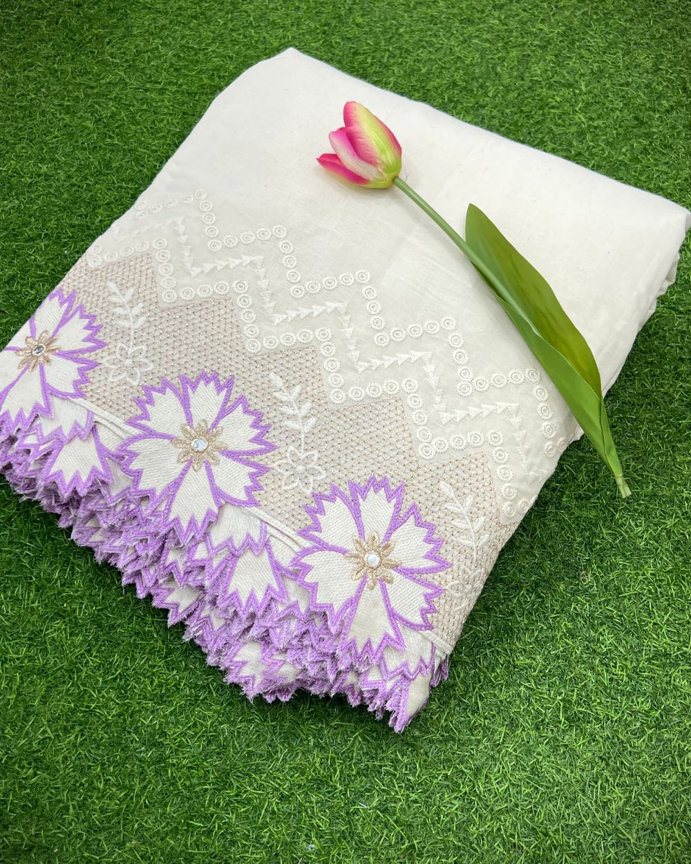 Kora Cotton with Cut Work Border Lavender Colour 42 Inches Width